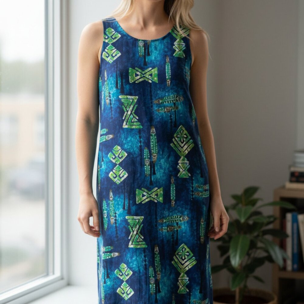 VTG Tohki Hawaii Women's Dress Long Maxi Blue Green Floral Sleeveless MCM Luau